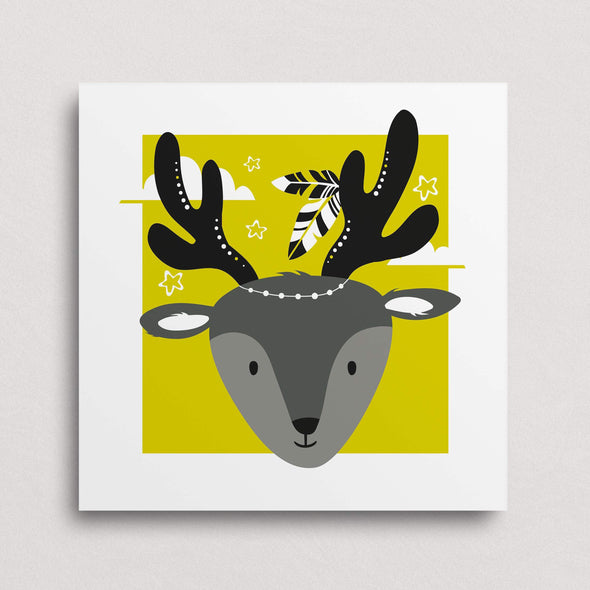 Cute Children's Art Print Deer with Feathers