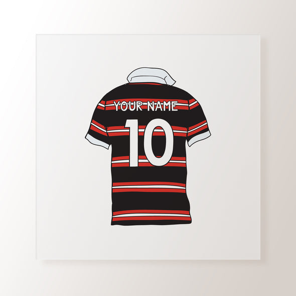 Personalised Rugby Shirt Black & Red Stripes - Art Print